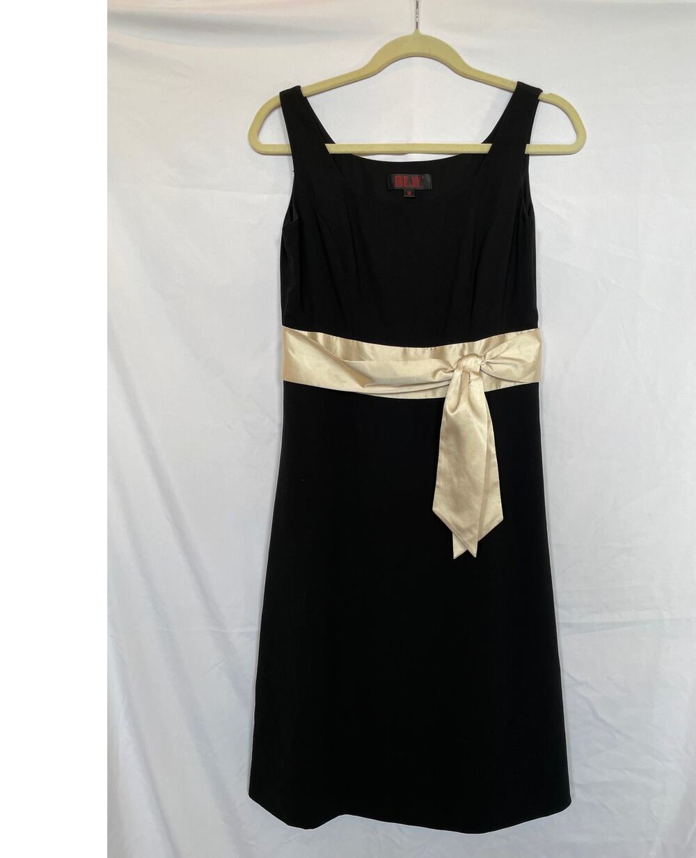 Vintage 90s Eve NY Dress Strappy Black Crepe LBD Cream Sash, Medium